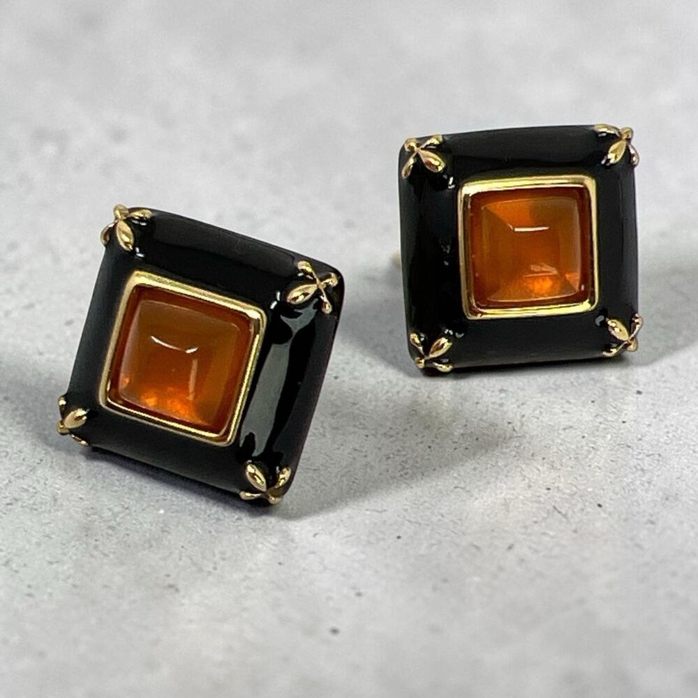 Vintage Joan Rivers 1980s Black Enamel Amber Cabochon Earrings Pierced Signed